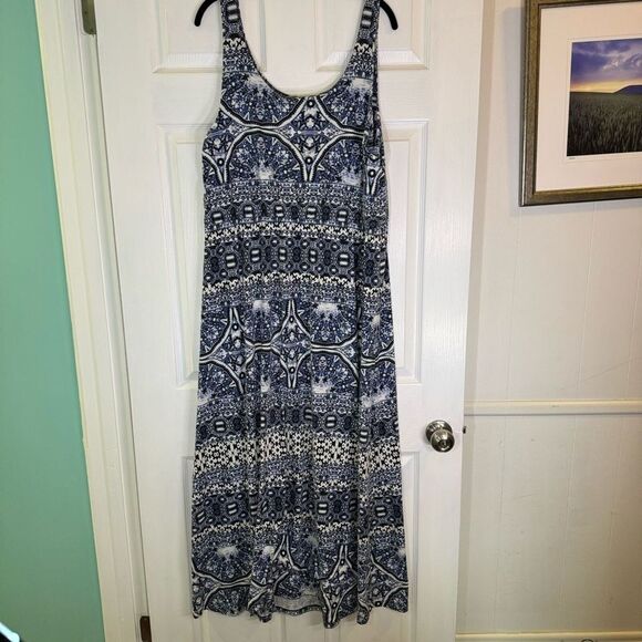 Sonoma Life + Style XL Sleeveless Boho Print Tank Dress Blue White Stretch - Picture 1 of 8